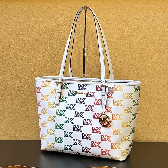 Michael Kors Jet Set Travel Medium Carryall Shoulder Tote Bag MK Rainbow White - Picture 4 of 13